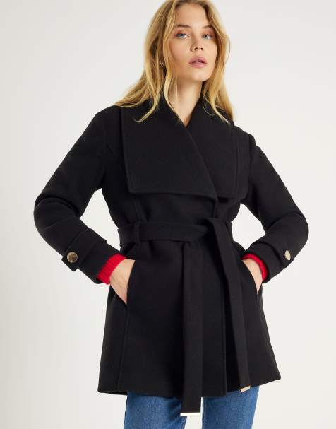 River Island Short wide collar wrap coat in black - view 1