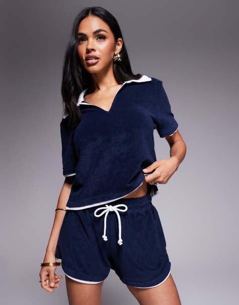 River Island shorts co-ord in navy towelling - view 1