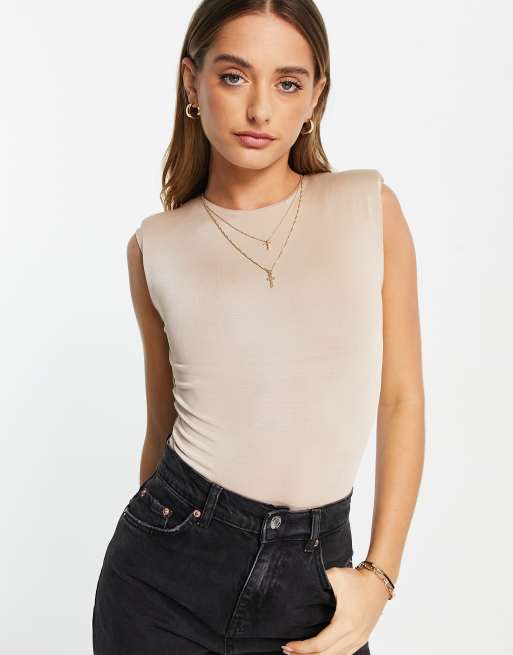 River Island shoulder pad bodysuit in beige