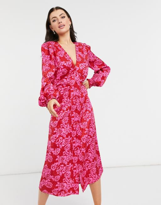 River Island shoulder pad floral midi dress in pink | ASOS