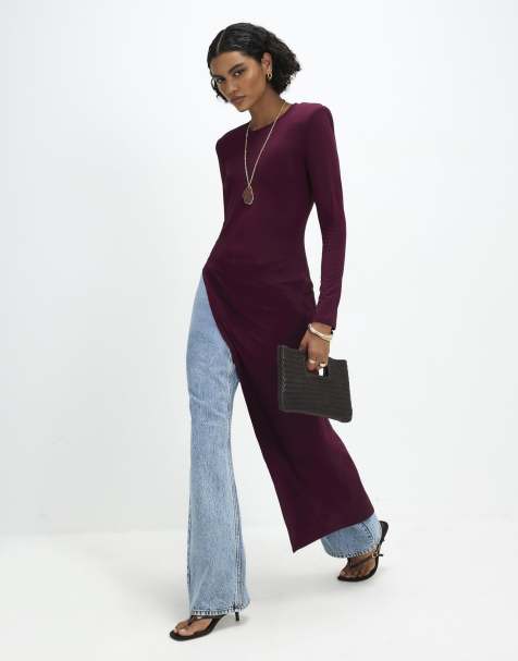 River Island Shoulder pad long asymmetric top in burgundy - view 1