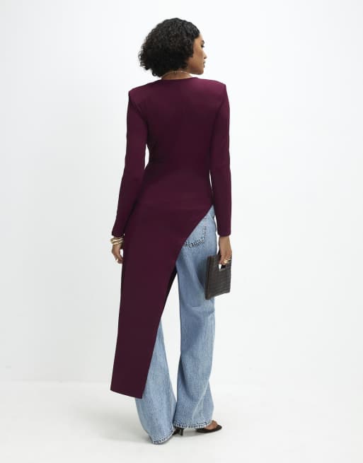 River Island Shoulder pad long asymmetric top in burgundy, 4 of 4