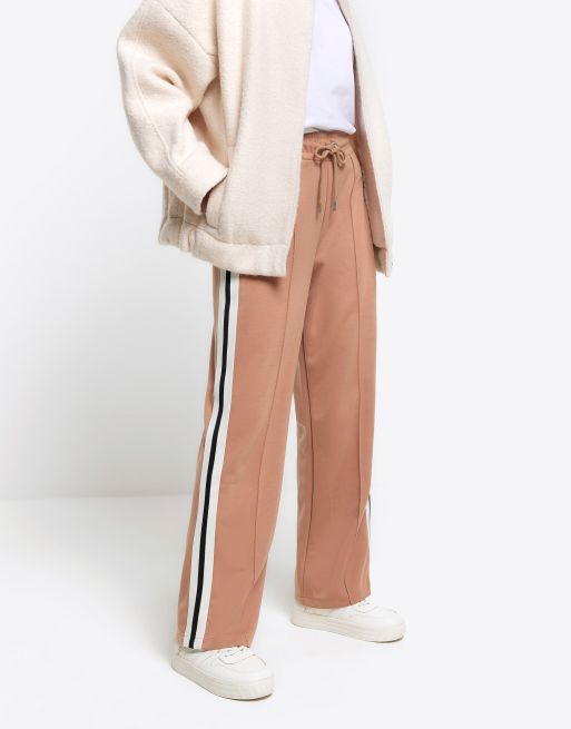River Island Side stripe wide leg joggers in beige dark ASOS