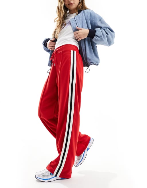 River Island Side stripe wide leg joggers in red