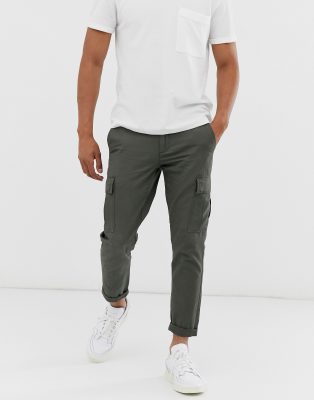 river island slim fit cargo trousers in khaki