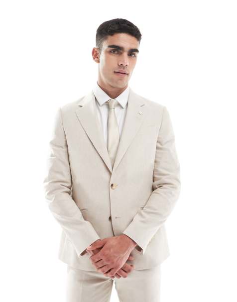River Island skinny double breasted suit jacket in beige - view 1
