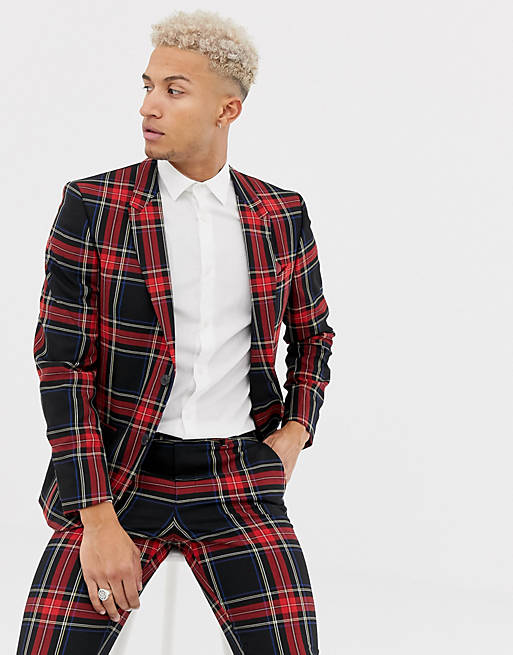 River Island skinny fit suit jacket with dandy check in red | ASOS
