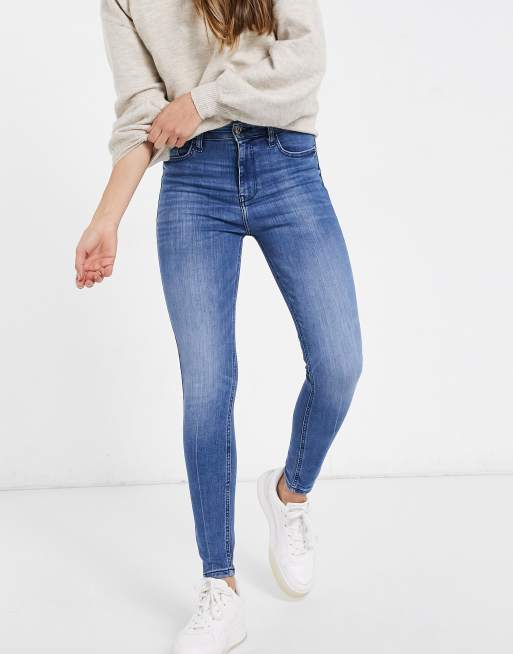 River Island - Skinny jeans met hoge taille in middenblauw