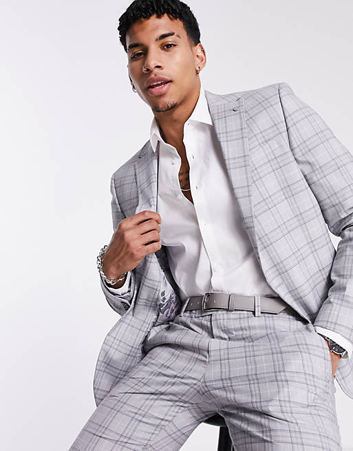 River Island skinny suit jacket in grey check