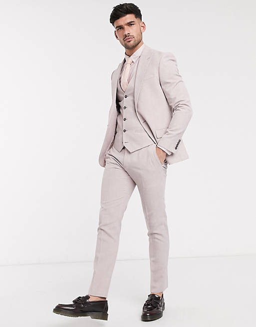 Men River Island skinny suit jacket in light pink 