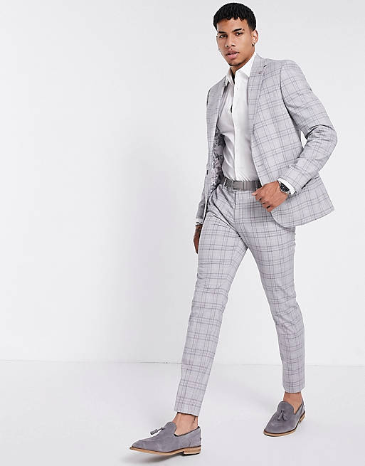 Suits River Island skinny suit trousers in grey check 
