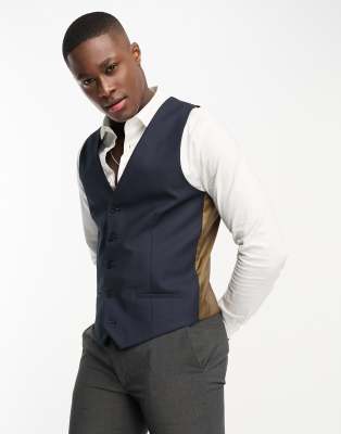 River Island Slim Check Suit Vest In Navy