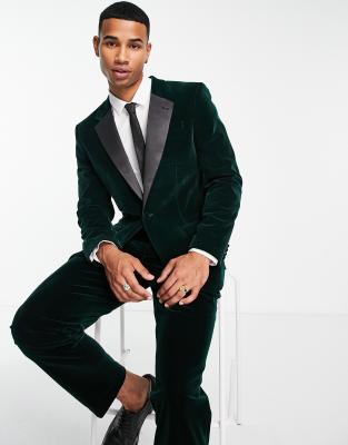 River Island skinny velvet suit jacket in dark green