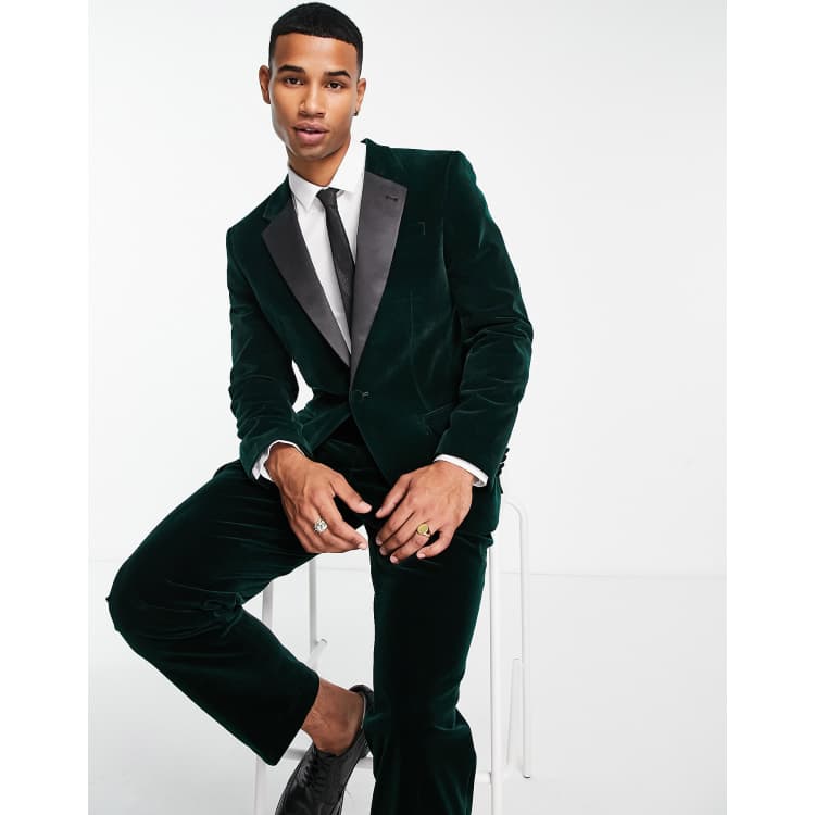 River Island skinny velvet suit jacket in dark green