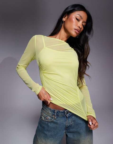River Island slash neck ruched mesh top in light green - view 1