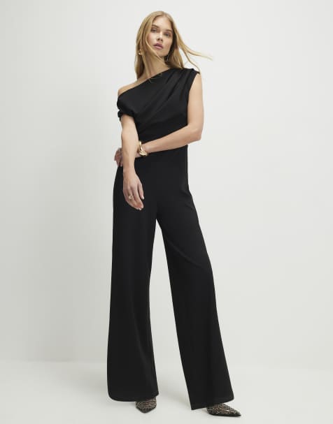 River Island Sleeveless asymmetric drape jumpsuit in black - view 1