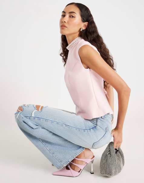 River Island Sleeveless diamante collar bow back top in pink - light - view 1