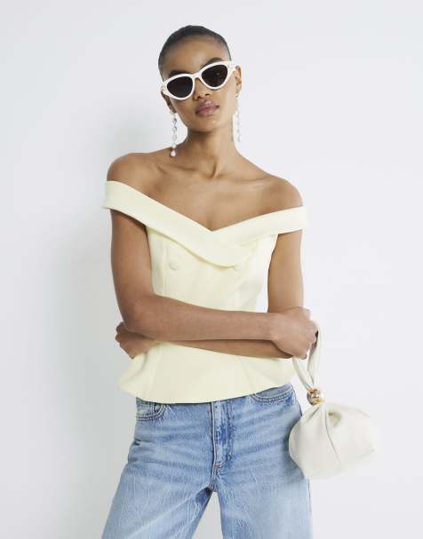 River Island Sleeveless double breasted bardot top in yellow light - view 1
