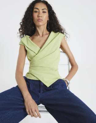 River Island Sleeveless drape wrap lapel top in green - light