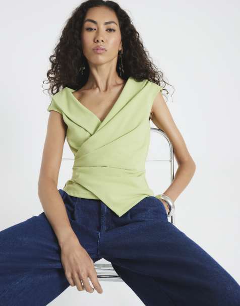 River Island Sleeveless drape wrap lapel top in green - light - view 1