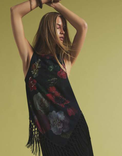 River Island Sleeveless floral fringed top in black