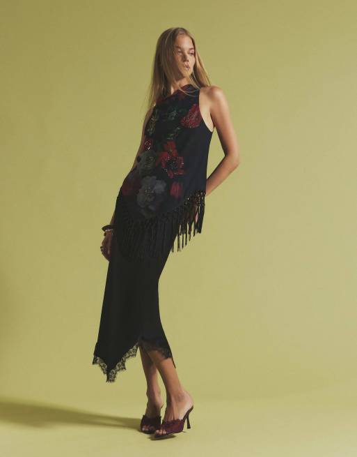 River Island Sleeveless floral fringed top in black, 2 of 4