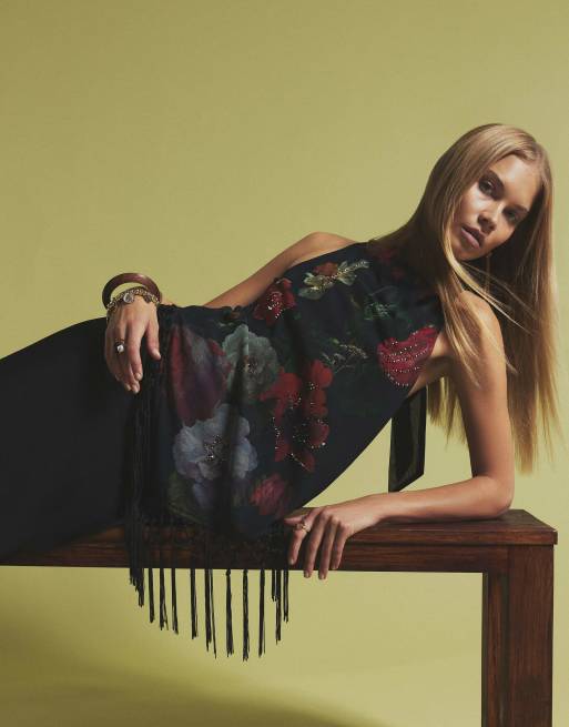 River Island Sleeveless floral fringed top in black, 3 of 4