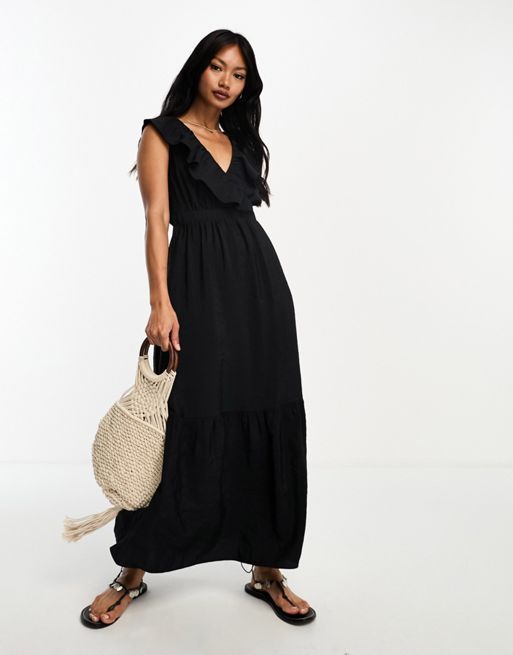 River Island sleeveless frill neck tea dress in black | ASOS