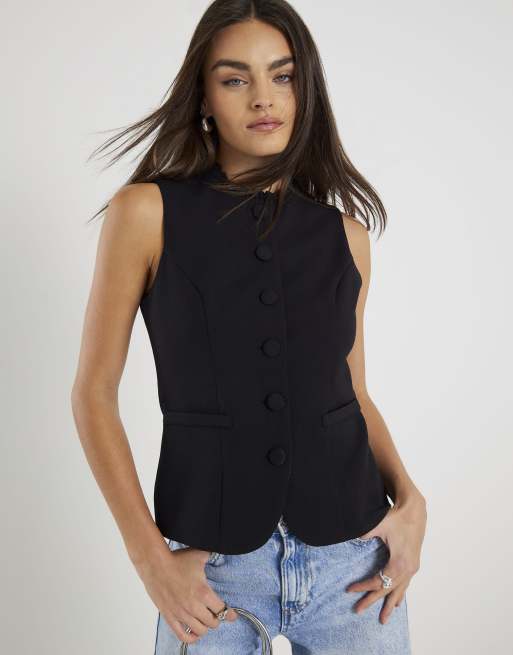 River Island Sleeveless frilled trim waistcoat in black