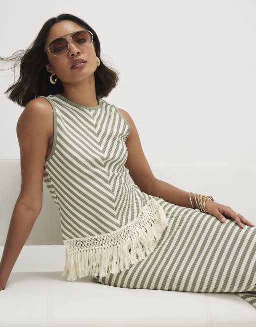 River Island Sleeveless fringe striped tank top in green, 2 of 4