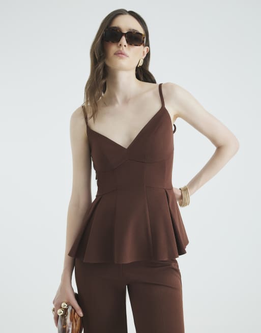 River Island Sleeveless peplum plunge top in brown - dark