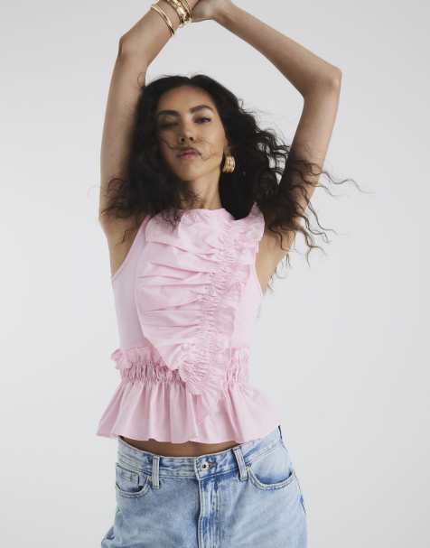 River Island Sleeveless poplin mix frill top in pink - medium - view 1