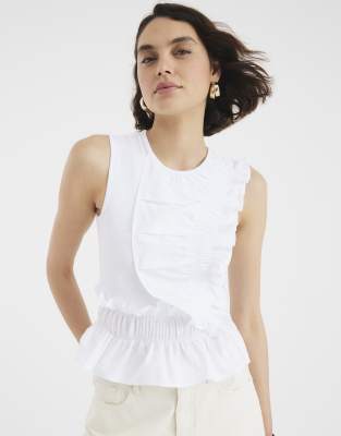 River Island Sleeveless poplin mix frill top in white