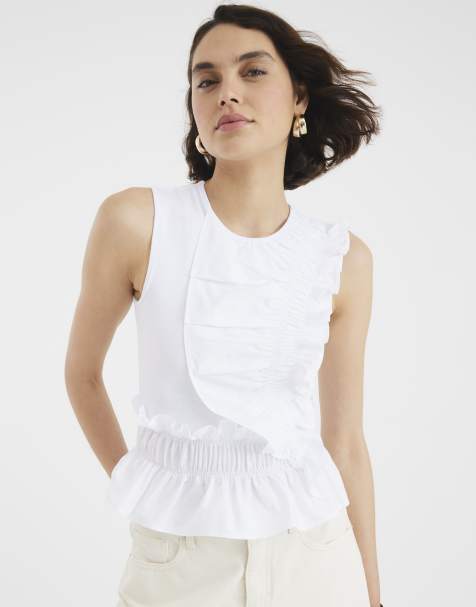 River Island Sleeveless poplin mix frill top in white - view 1