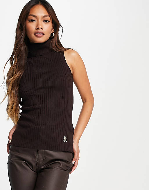  River Island sleeveless roll neck tank in brown 