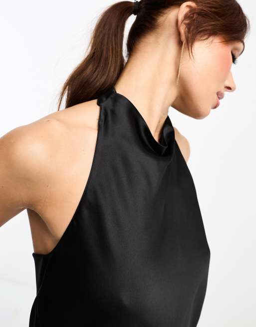 River Island sleeveless satin halter top in black, 3 of 4