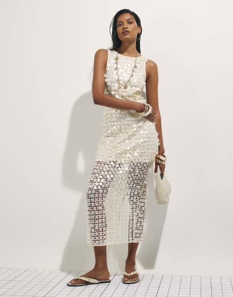 River Island Sleeveless sequin crochet midi dress in white - view 1