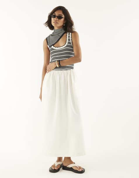River Island Sleeveless striped hybrid midi dress in white
