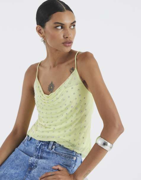 River Island Sleeveless studded cowl neck cami top in lime - view 1