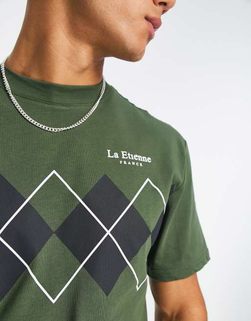 River Island slim argyle t-shirt in khaki, 2 of 4