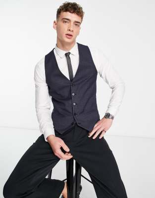 River Island Slim Check Suit Vest In Navy