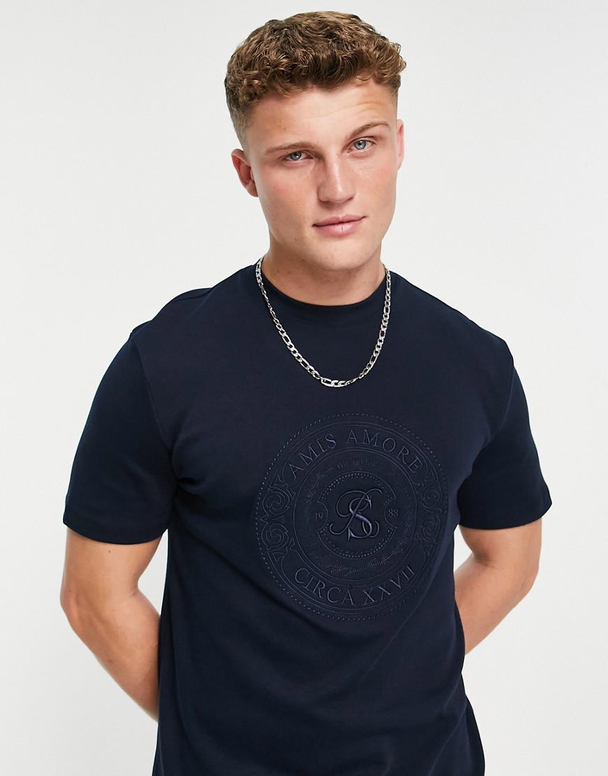 River Island slim coin embroidered t-shirt in navy