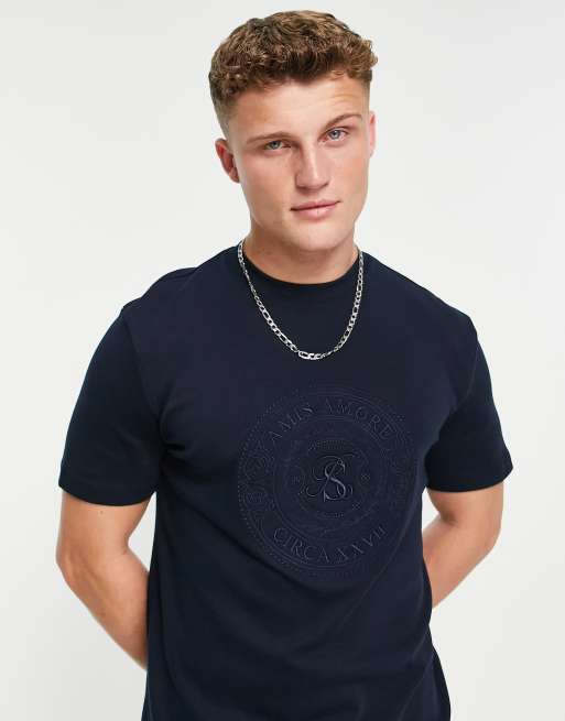 River Island slim coin embroidered tshirt in navy ASOS