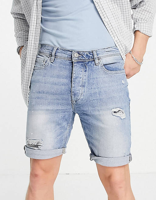  River Island slim denim shorts with rips in mid blue 