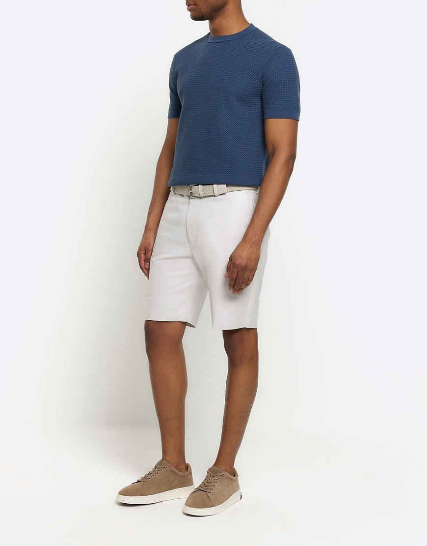 River Island Slim fit belted chino shorts in ecru-White