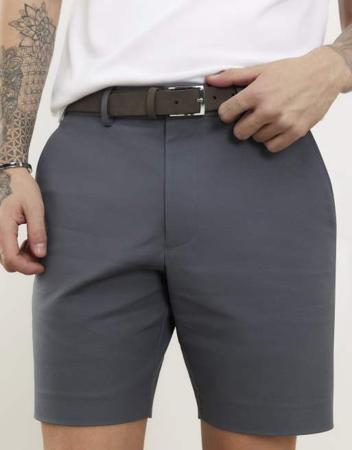 River Island Slim fit belted chino shorts in grey, 2 of 4