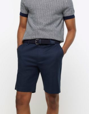 River Island Slim fit belted chino shorts in navy