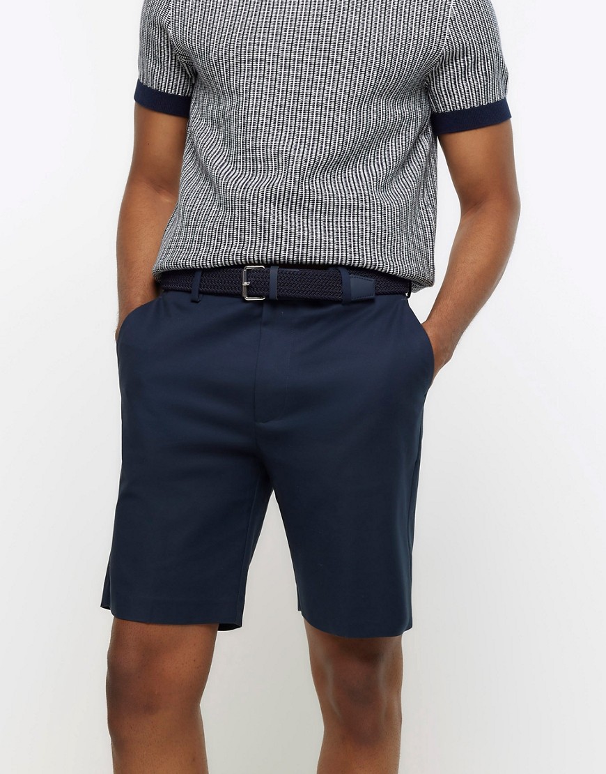 River Island Slim fit belted chino shorts in navy-Blue