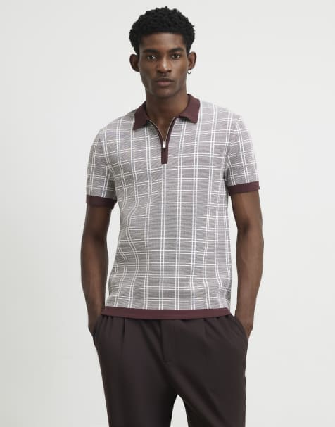 River Island Slim fit check knitted polo shirt in brown  - view 1