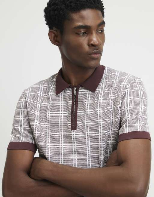 River Island Slim fit check knitted polo shirt in brown , 3 of 4